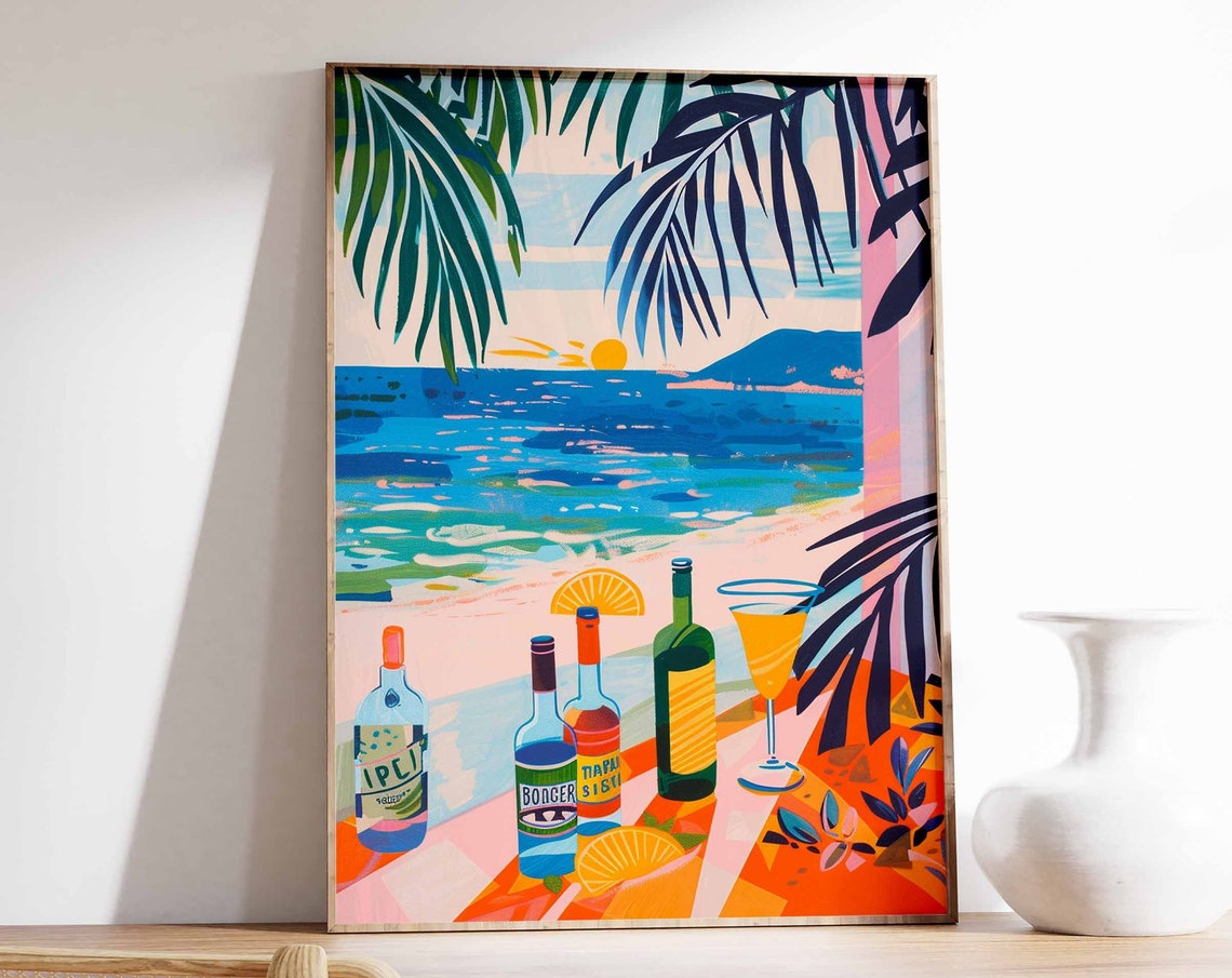 Beach Sunset Cocktail Bottles Palm Silhouette Bright Flat Art Poster
