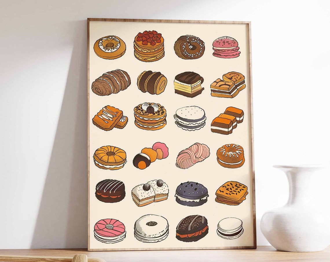 Illustrated Sandwich Cake and Donut Collection Kitchen Poster Art
