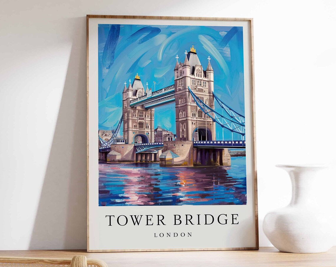 Tower Bridge London Deep Blue Sunset Painterly Travel Art Poster