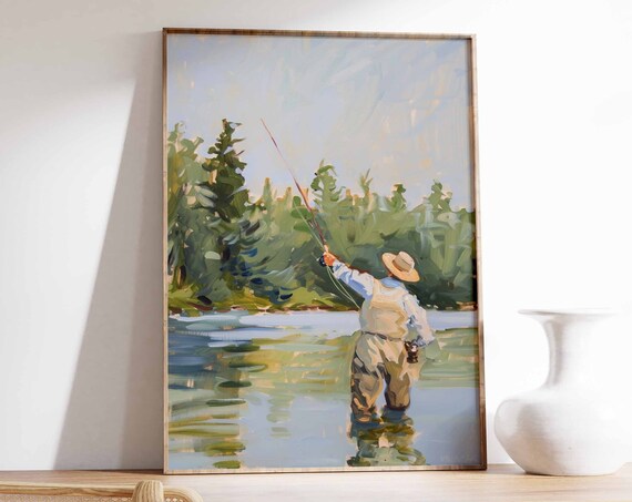 Fly Fishing Waders Pine Forest Lake Impressionist Fisherman Poster