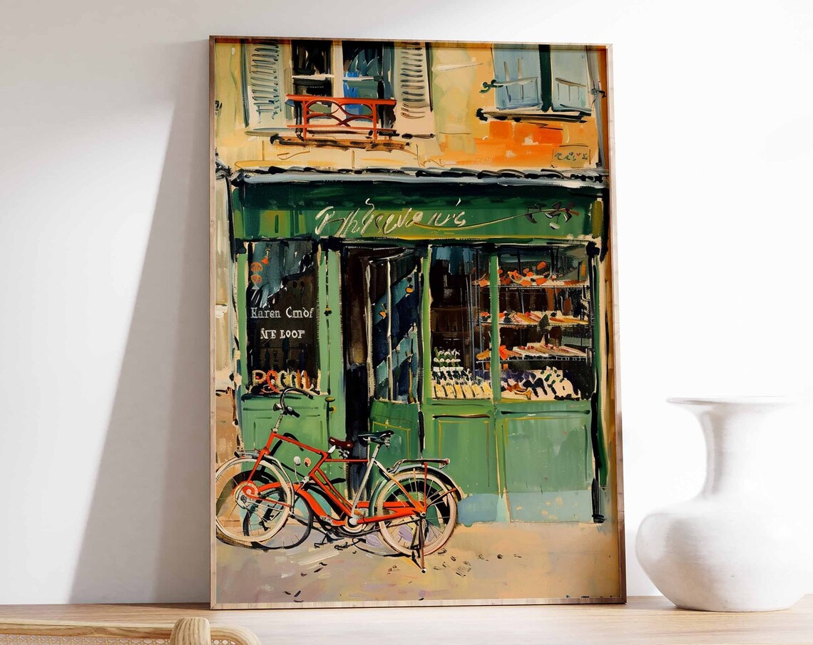 Green Storefront Red Bicycle Impressionist Street Scene Art Poster