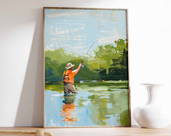 Impressionist Angler Fly Fishing Wading Through Green River Poster