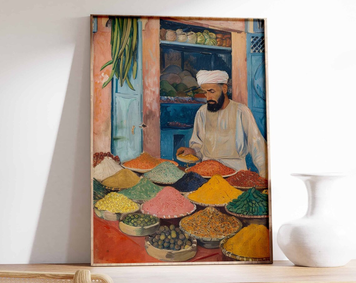 Spice Merchant Portrait Behind Mounds of Colorful Spices Poster