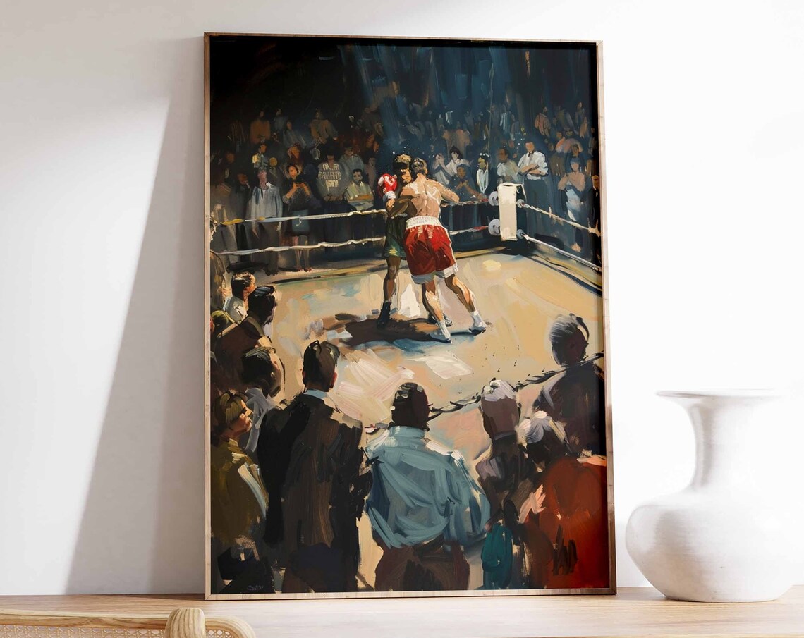 Vintage Boxing Ring Clinch Night Fight Painted Retro Sports Poster