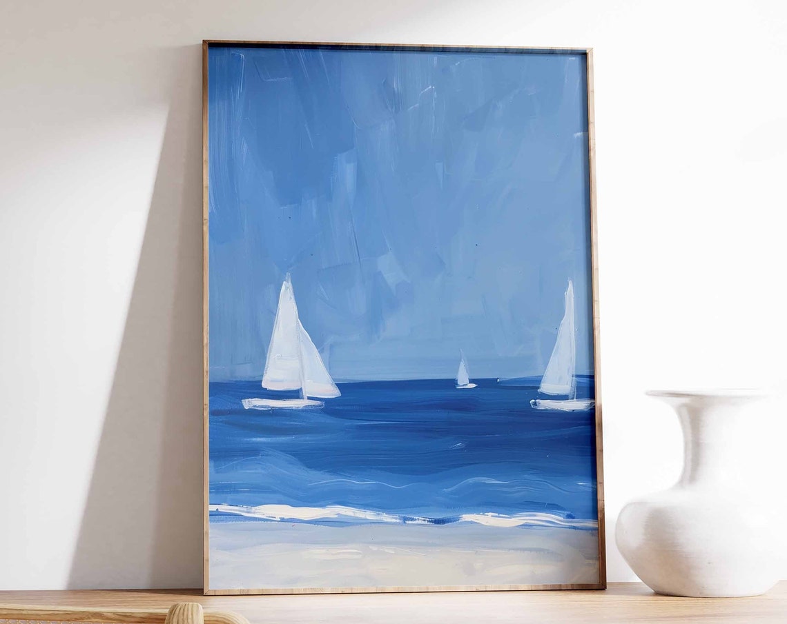 Three Sailboats on Deep Blue Sea Beach Minimalist Nautical Poster