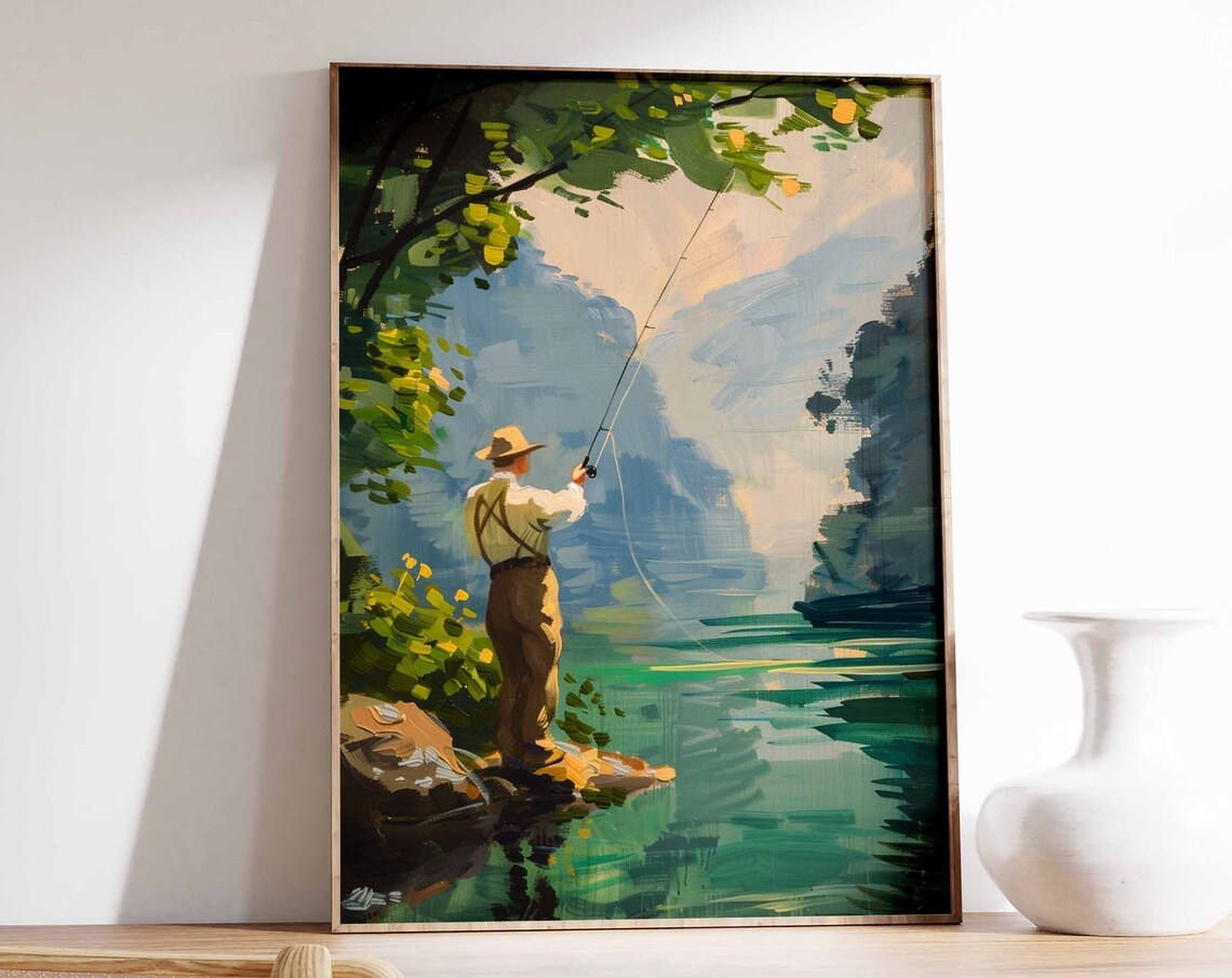 River Fly Fisherman Casting Line from Rocky Shore Painting Poster