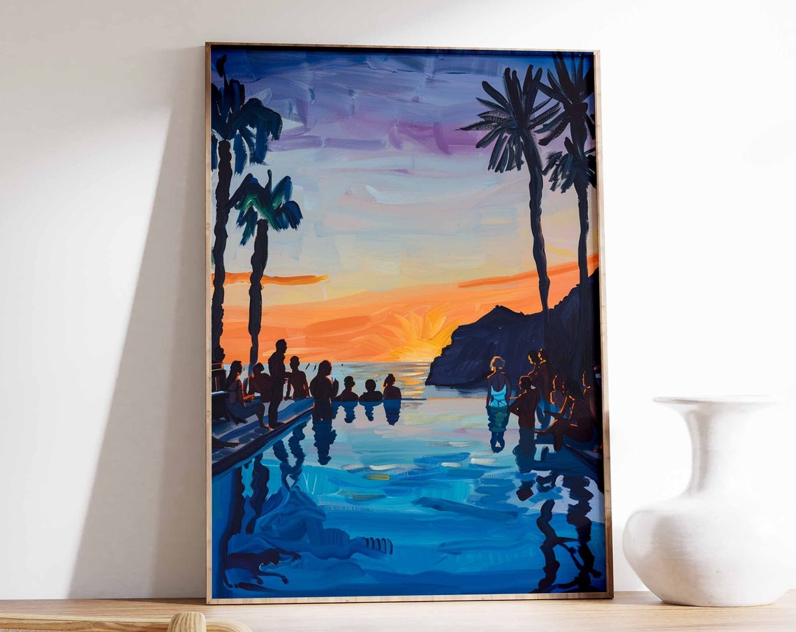 Sunset Pool Party Palm Tree Silhouettes Ocean Coast Art Poster