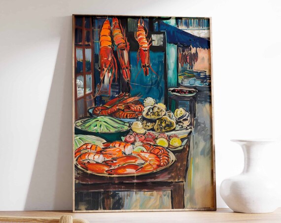 Asian Seafood Market Poster Seafood Print Food Poster Fish Market Print Kitchen Decor Asian Decor Oriental Art Print Seafood Art