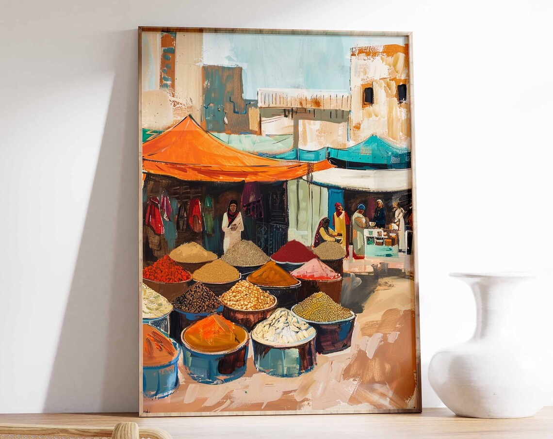 Outdoor Market Stalls Under Colorful Tents Spice Mounds Poster