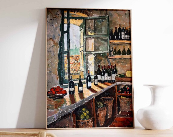 Sunlit Wine Shop Window Art Poster Bottles Tomatoes Country Scene
