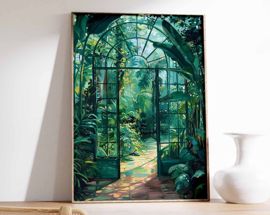 Emerald Glasshouse Doors Lush Tropical Foliage Garden Art Poster