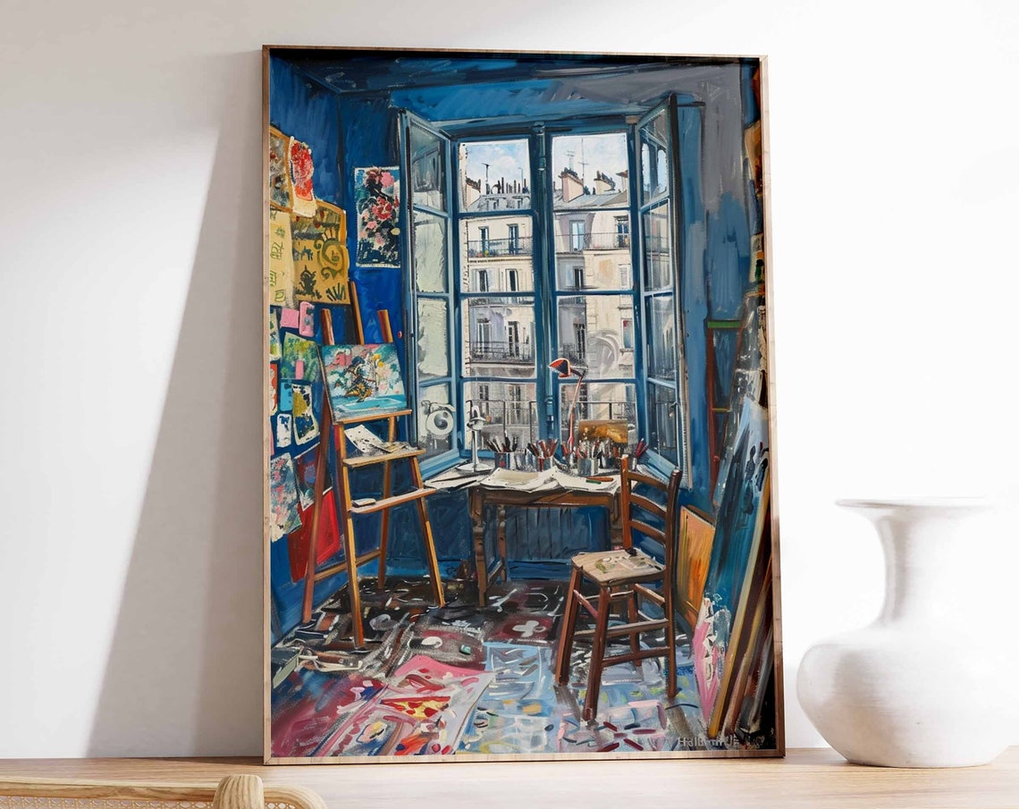 Blue Parisian Studio with French Windows over City Rooftops Poster