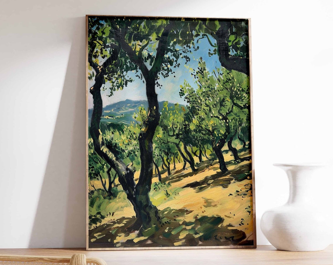 Olive Grove Valley With Distant Mountains Landscape Art Print