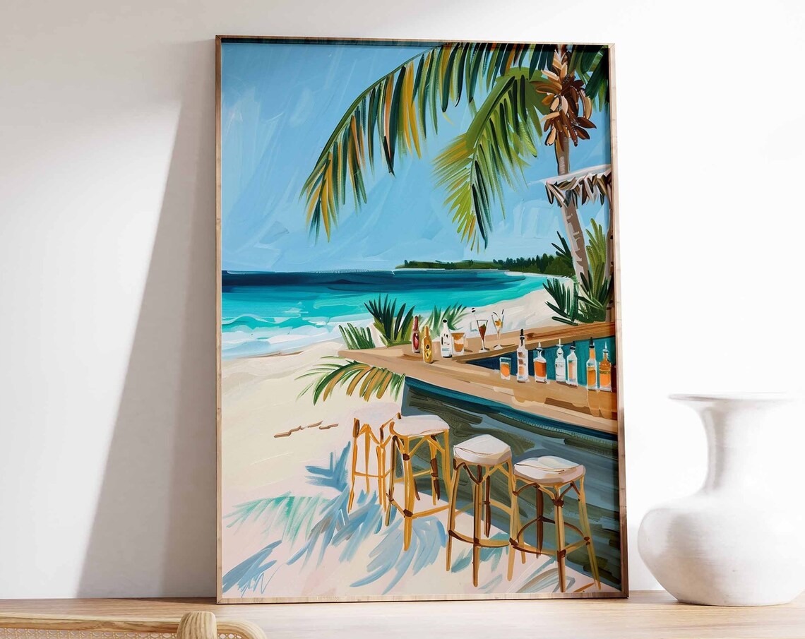Caribbean Beach Bar Poster, Tropical Cocktail Art