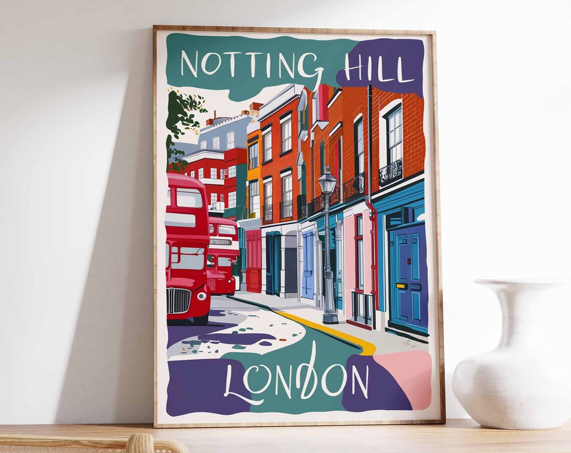 Notting Hill London Red Bus Colorful Houses Street Beautiful Wall Art