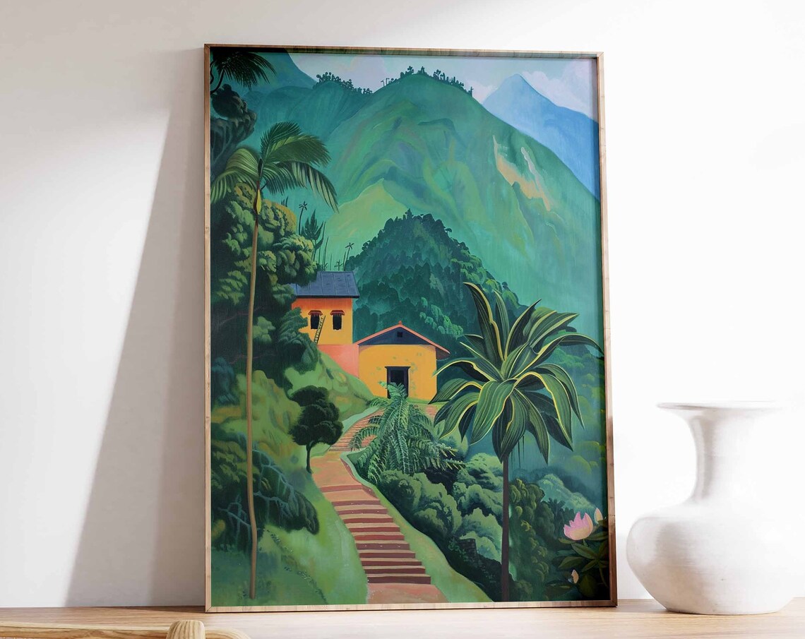 Stone Steps to Hillside Houses Green Mountain Valley Landscape Poster