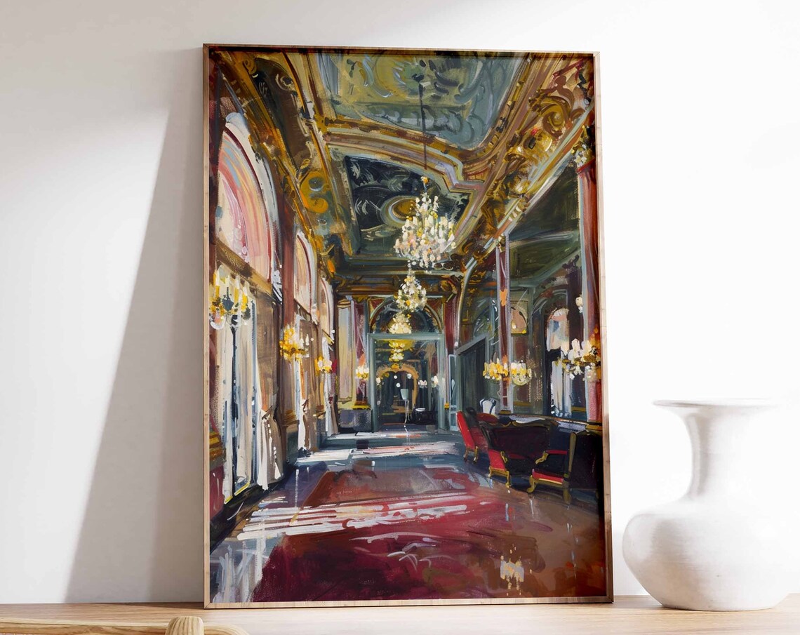 Red and Gold Casino Ballroom Chandeliers Interior Art Poster