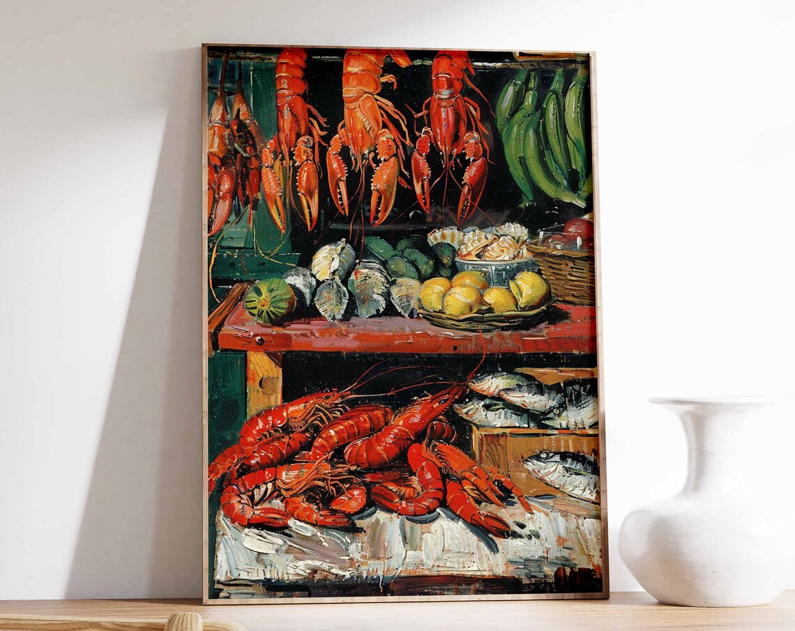 Hanging Lobsters Seafood Counter Abundant Still Life Painting Poster
