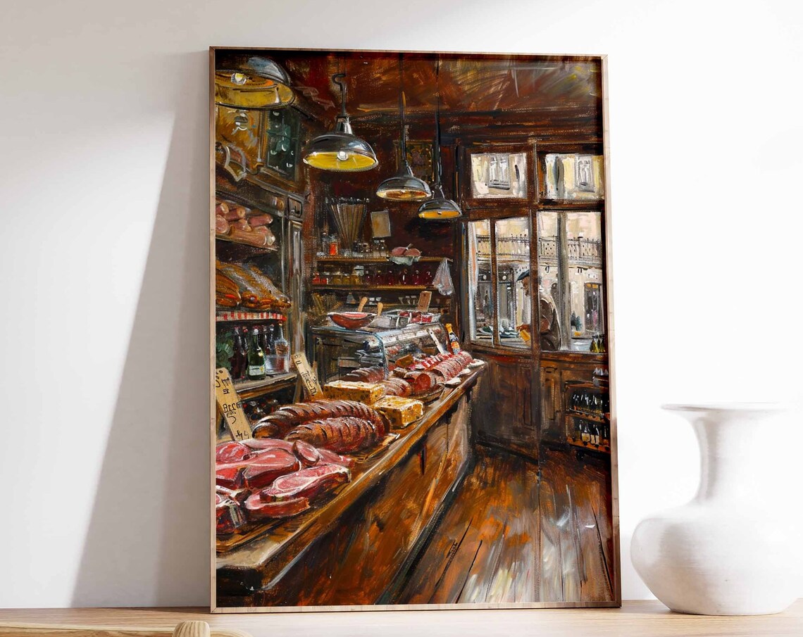 Vintage Meat Counter Butcher Deli Hanging Lamps Shelves Poster