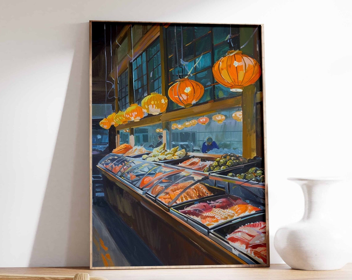Night Seafood Market with Glowing Lanterns Display Cases Poster