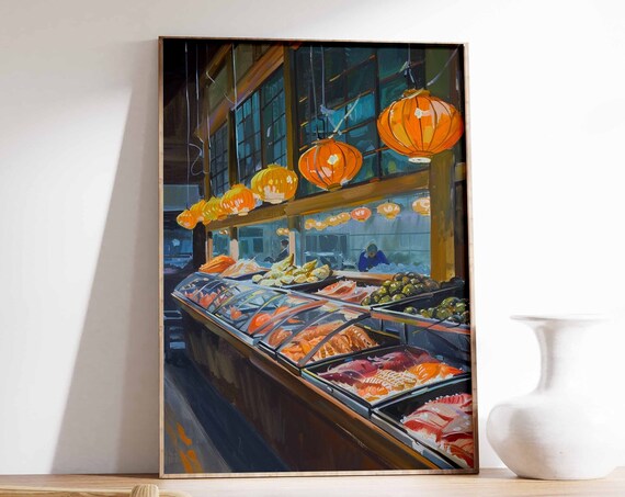 Asian Seafood Market Poster Seafood Print Food Poster Fish Market Print Kitchen Decor Asian Decor Oriental Art Print Seafood Art