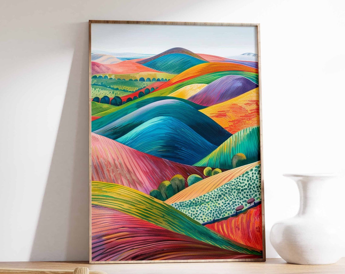Rainbow Rolling Hills Striped Modern Landscape Art Print Wall Decor