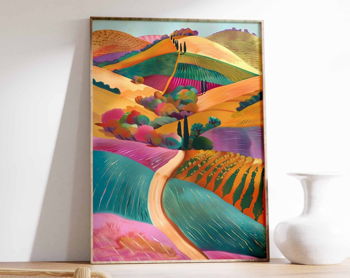 Tuscan Rolling Hills Winding Road Colorful Landscape Art Print