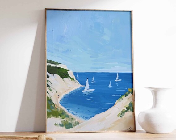 Sunny Cliffs and Sailboats Blue Coastal Seascape Painting Print