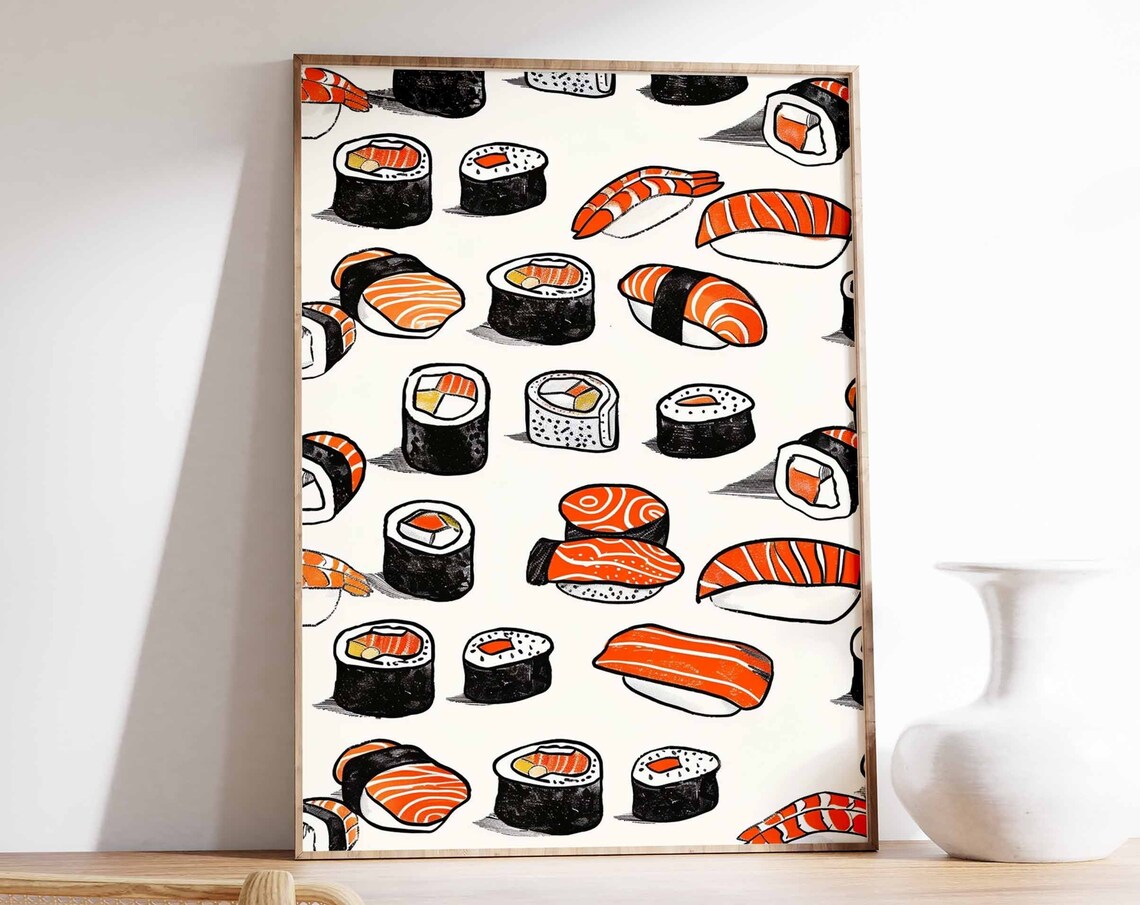 Playful Scattered Sushi Pattern Nigiri Maki Bold Illustration Poster