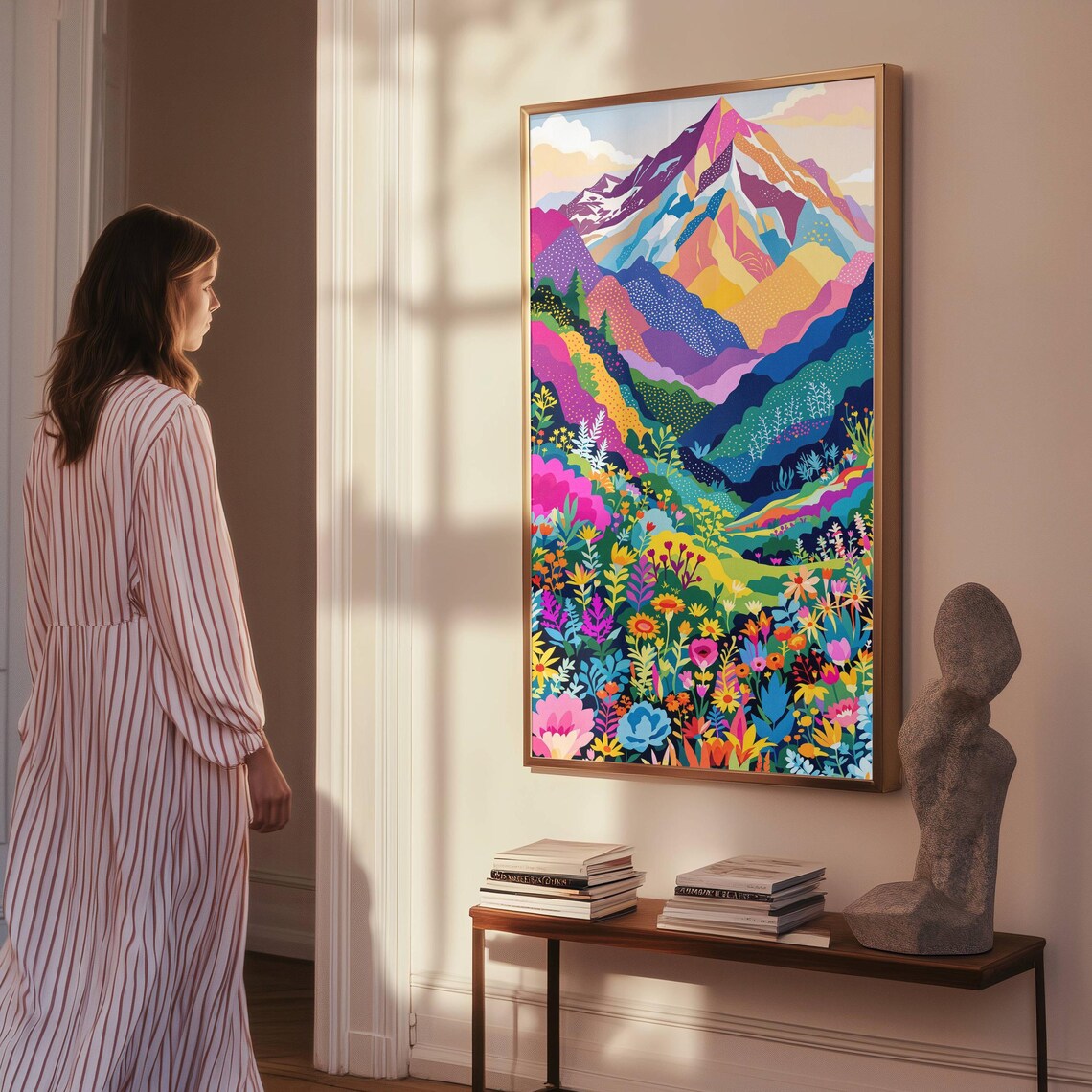 Abstract Flowers Mountain Landscape, Modern Nature Scene