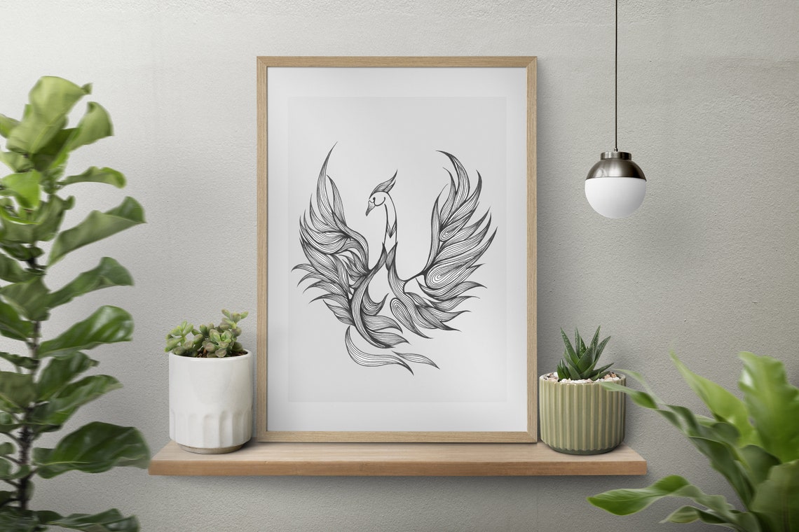 Black and White Rising Phoenix Majestic Zentangle Line Art Poster