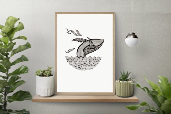 Jumping Blue Whale Line Art Intricate Modern Surreal