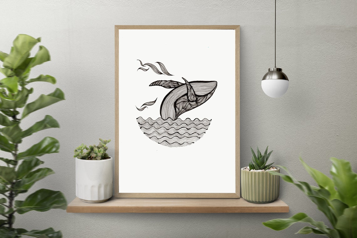 Black and White Breaching Whale Waves Minimalist Line Art Poster