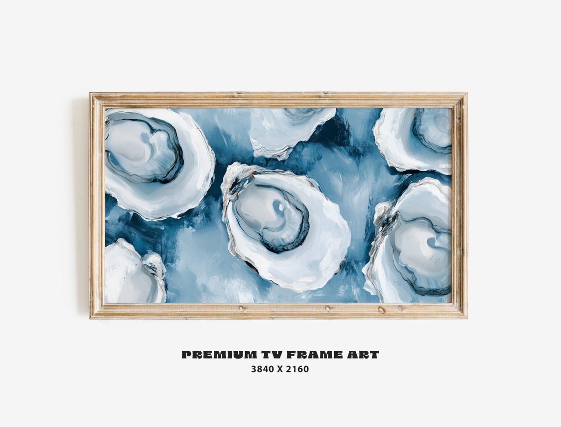 Oyster Shells Painting Blue Nautical Coastal Kitchen Wall Art