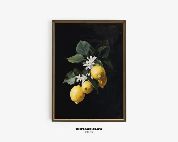 Lemon Branch Still Life Poster Vintage Black Background Kitchen Art