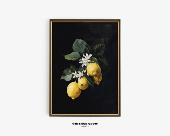 Vintage Lemon Still Life Print Farmhouse Kitchen Wall Art Country Fruit Painting Rustic Yellow Citrus Decor V227