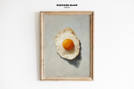 Vintage Fried Egg Impasto Painting Retro Kitchen Wall Art Textured Food Print Bar Cart Decor V322