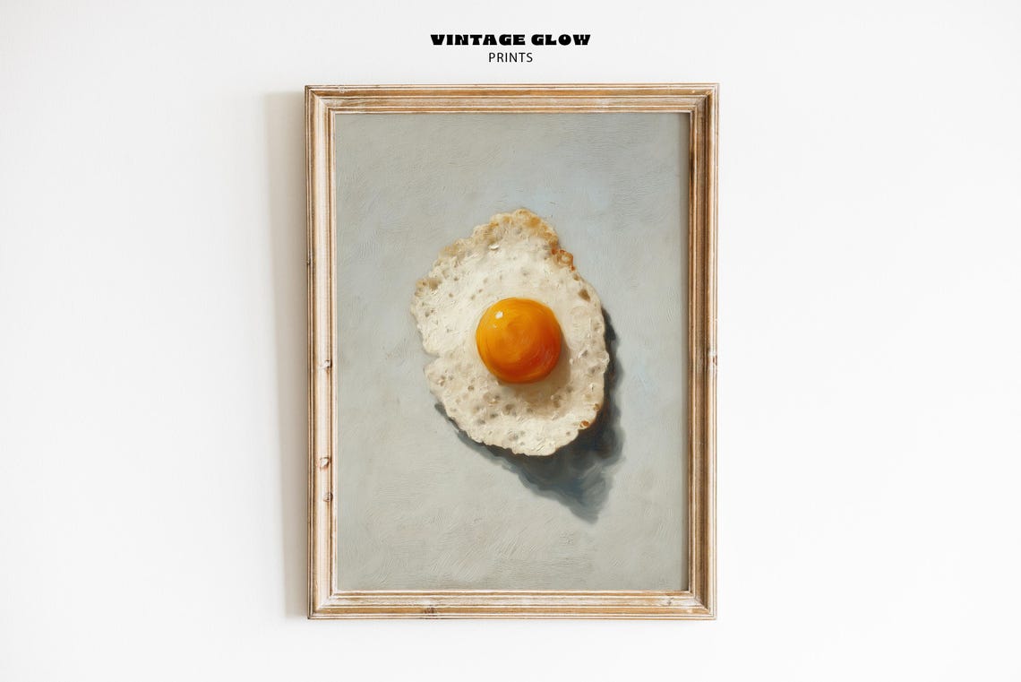 Vintage Fried Egg Impasto Oil Painting Retro Kitchen Wall Decor Print