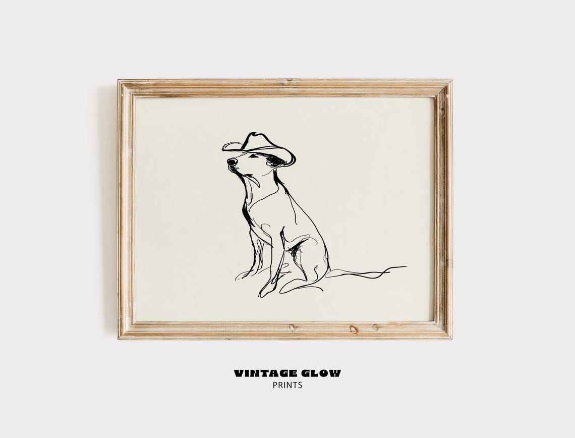 Cowboy Dog Line Drawing Poster Minimalist Black Ink Western Pet Art