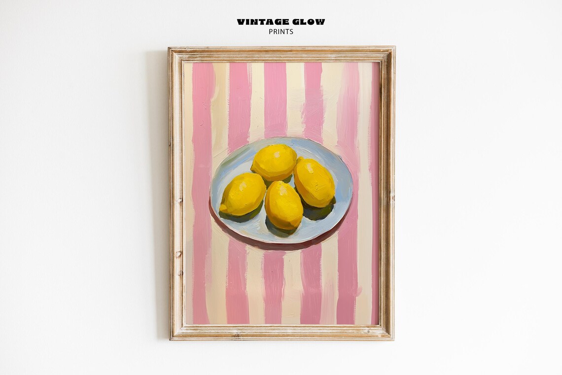 Lemon Kitchen Wall Decor, Pink Stripe Fruit Print