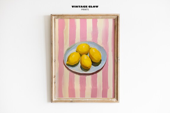 Lemon Kitchen Wall Decor, Pink Stripe Fruit Print
