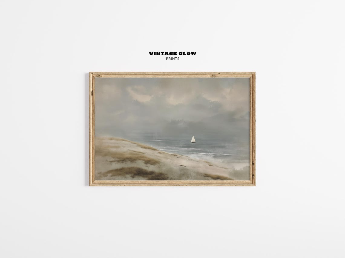 Coastal Sailboat Poster Neutral Muted Seascape Minimalist Ocean Art