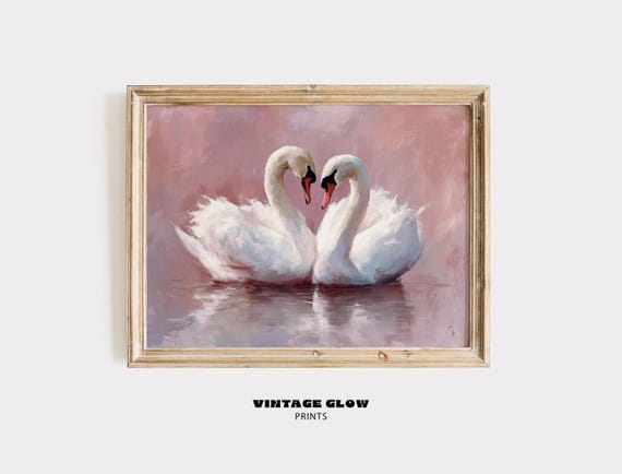 Vintage White Swans Art Print Neutral Moody Bird Wall Decor Antique Swan Painting Pink Farmhouse V218