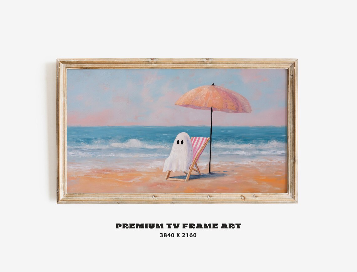 Ghost Relaxing on Beach Cute Summer Halloween Coastal Art Print