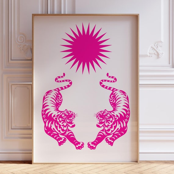 Tiger Sun Print Retro Minimalist Tiger Poster Bold Pink Tiger Wall Art Illustration