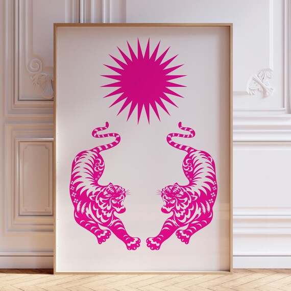 Twin Hot Pink Tigers Spiky Sun Light Frame Bold Animal Poster