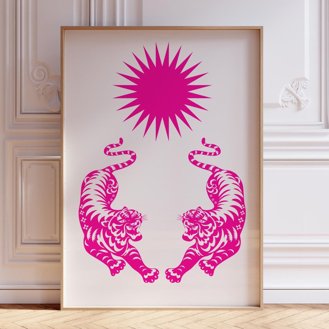 Twin Hot Pink Tigers Spiky Sun Light Frame Bold Animal Poster