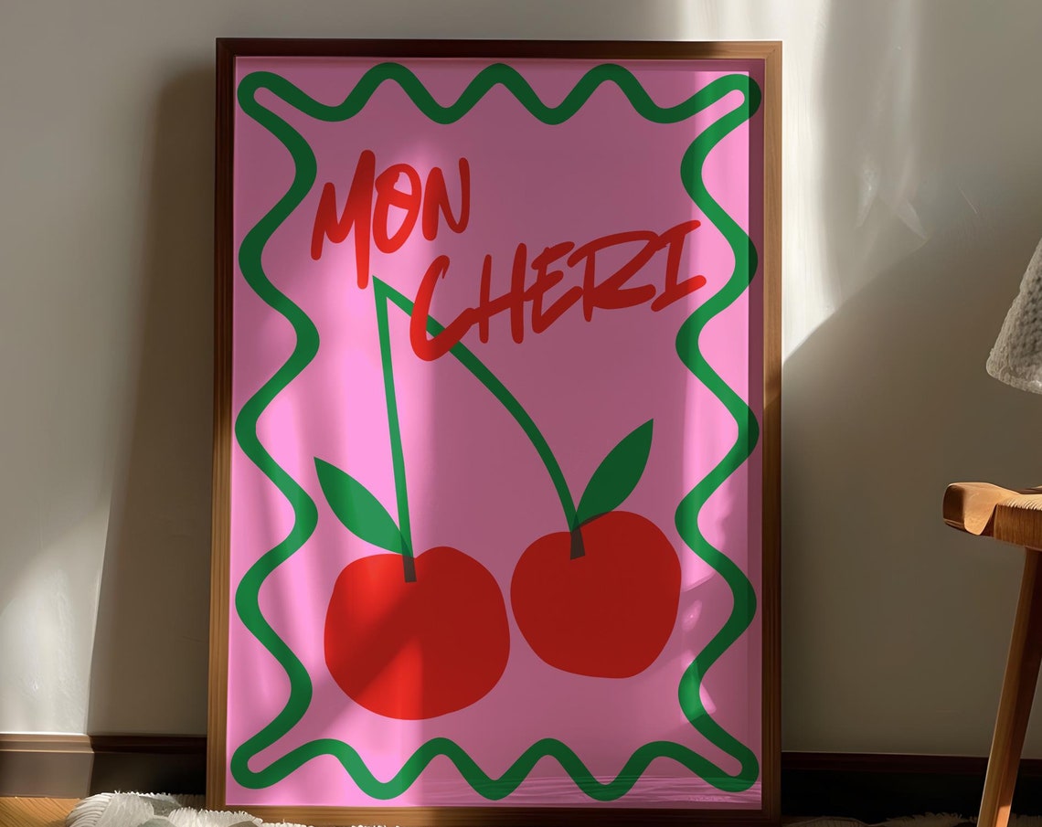 Mon Cheri Pink Cherry Retro Kitchen Fruit Typography Art Poster - Image 2