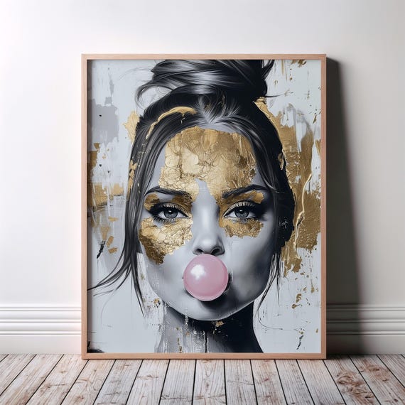 Abstract Portrait Of A Woman With Gold Accents And Pink Bubblegum