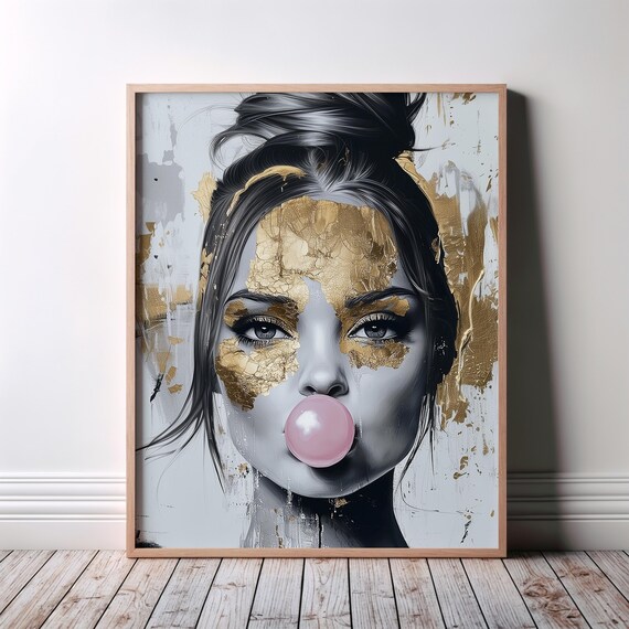 Gold Leaf Face Woman Pink Bubblegum Playful Modern Glam Art Poster